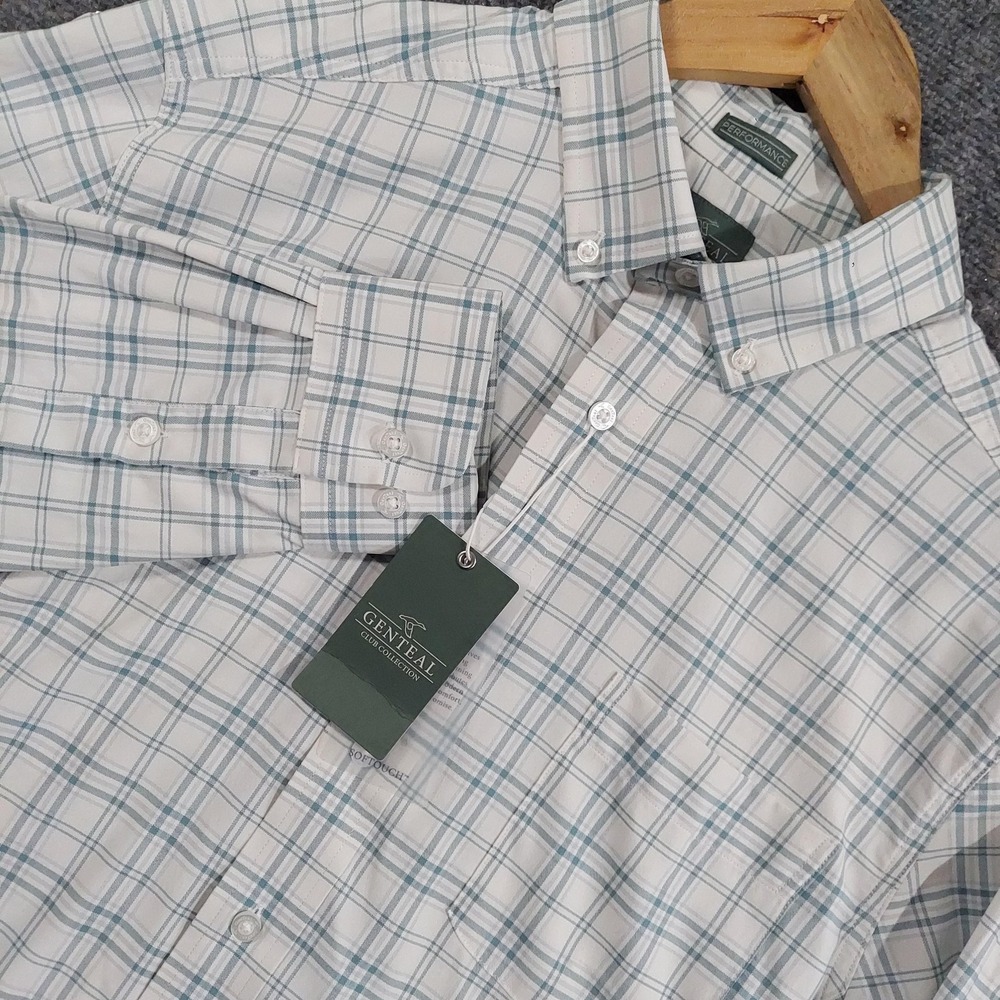 GENTEAL Shirt Mens Medium Spruce Plaid McKinney Sport Performance Soft Touch